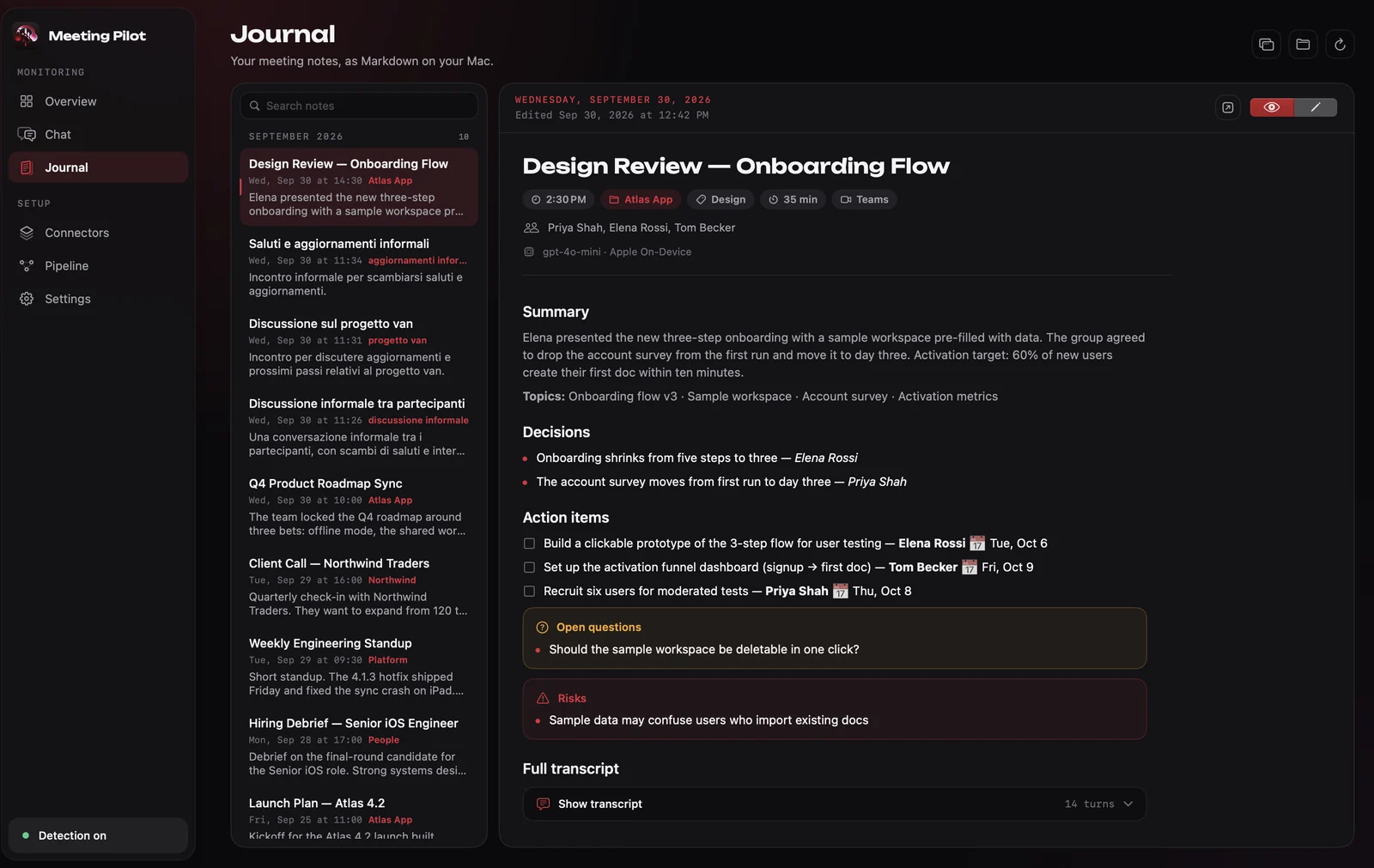 The Journal: a list of meetings by date, and a Design Review note with its summary, decisions, action items, open questions and risks